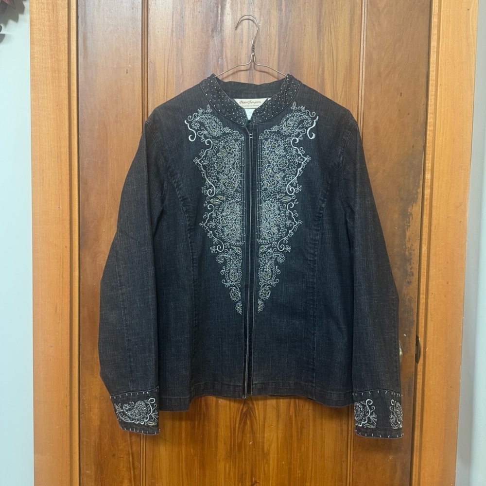 Norm Thompson Embroidered, Beaded Black Denim and Silver Long Jacket (L)